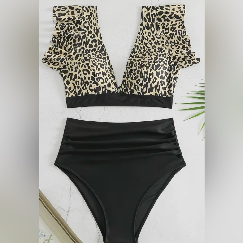 Leopard Print Ruffle Deep V High Waist Bikini Set